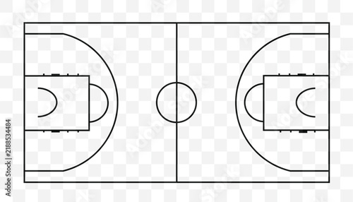 Basketball court diagram from above with center circle and hoops on transparent background