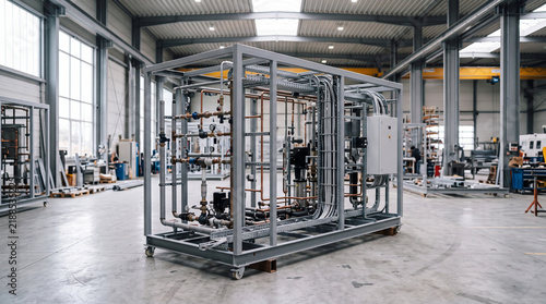 Industrial piping skid assembly in modern factory workshop with control panel and copper pipes
