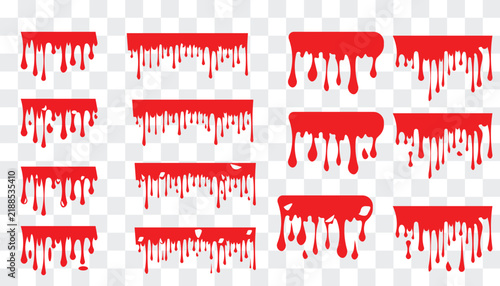 Red viscous liquid dripping down against a transparent background