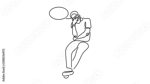 Animated self drawing of continuous line draw of Man in Distress Contemplative Pose with Speech Bubble.   Full length one line animation. 4K