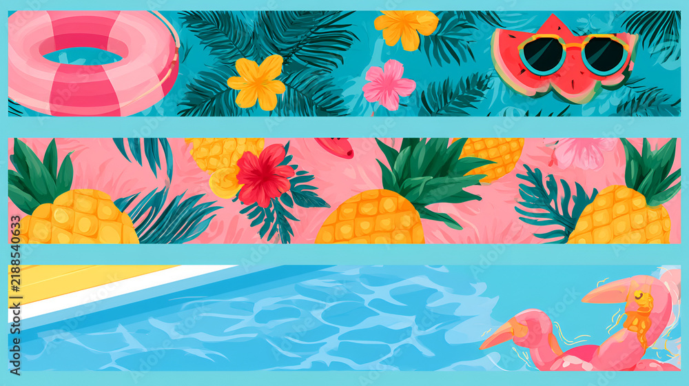 Fototapeta premium Summer sale banner template set: tropical decorations and poolside motifs (vector illustration background)