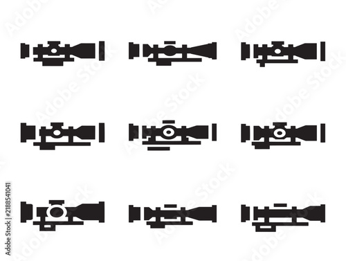 Set of three minimalist sniper rifle scope crosshair reticles in solid black vector outline icons