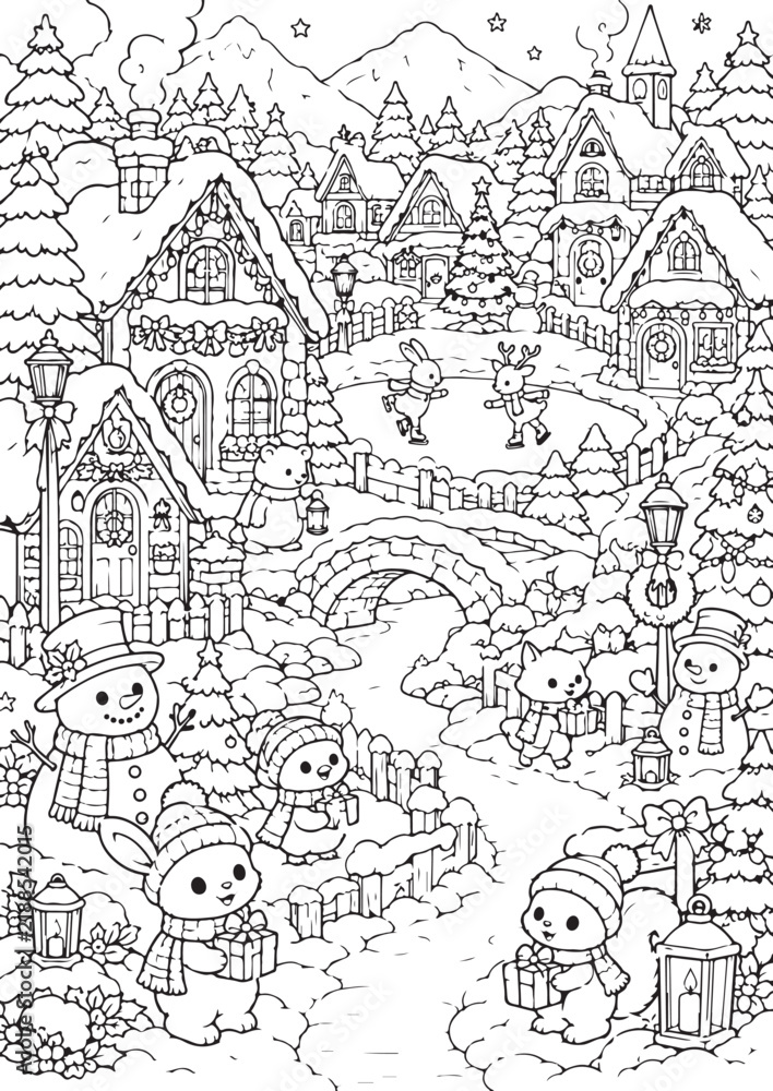 Fototapeta premium Festive Snow Village with Ice Skating Bunny and Reindeer Coloring Page