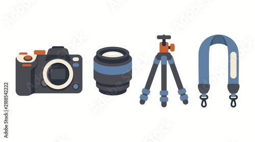Set of professional photography equipment including camera lens tripod and strap icons.