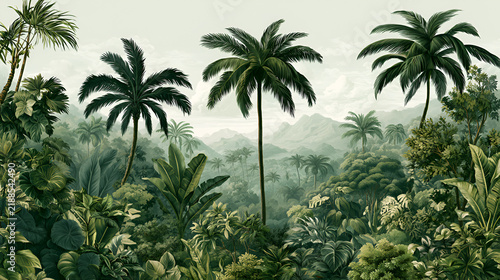 Vintage tropical wallpaper with palm trees and jungle leaves, muted green botanical mural, hand-drawn exotic forest landscape for interior design Stock Illustration