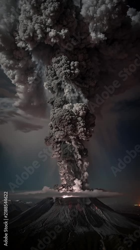 Wide cinematic shot of a massive volcanic eruption at night, showing a colossal plume of dark ash and smoke rising high into the sky in a mushroom shape