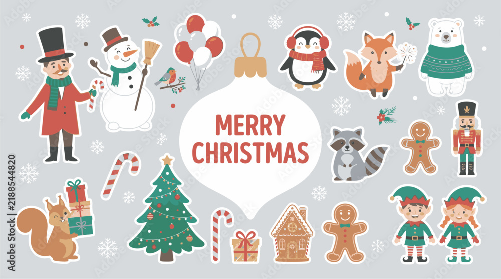 Naklejka premium Merry Christmas sticker set with hand drawn vector characters of Santa snowman animals and festive holiday elements isolated Merry Christmas