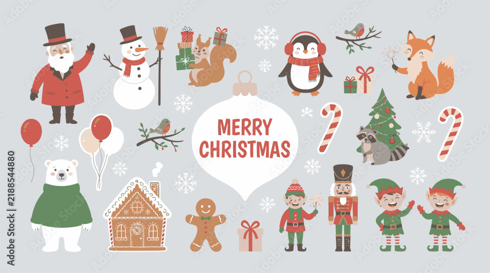 Fototapeta premium Cute Christmas character sticker collection with Santa snowman and winter woodland animals in flat vector illustration style Merry Christmas