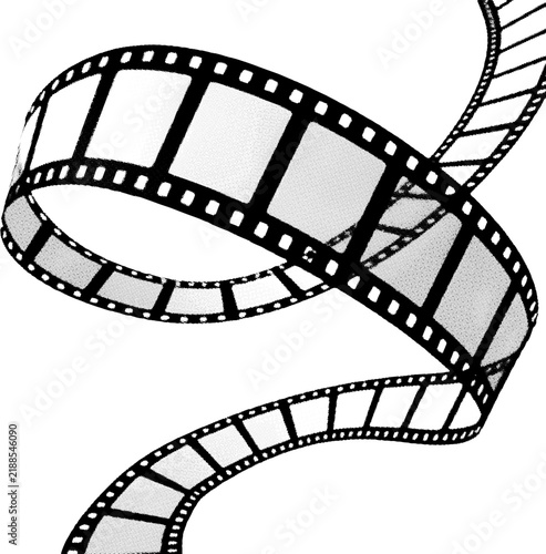 A long strip of blank black and white photographic film curled into a spiral shape on white background