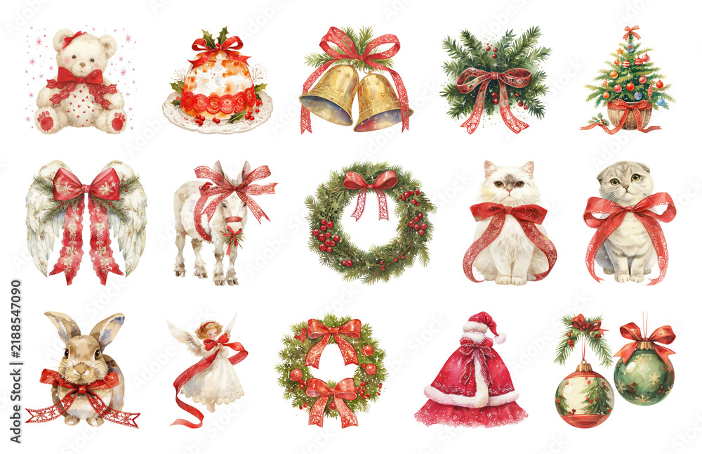 Fototapeta premium PNG Festive holiday decorations collection, element set on transparent background