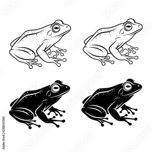 Four black and white frogs jumping illustration