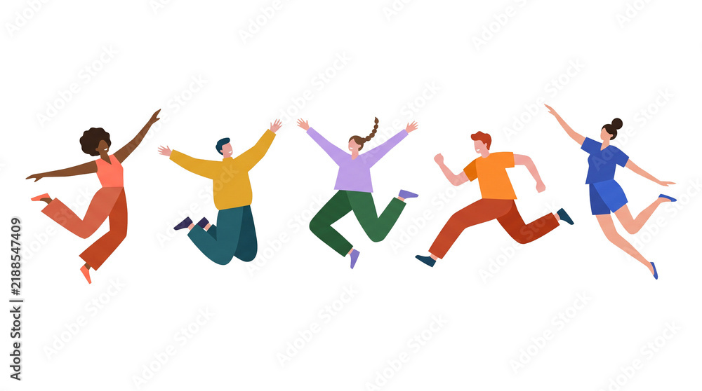 Fototapeta premium Diverse Group of Happy People Jumping Flat Illustration