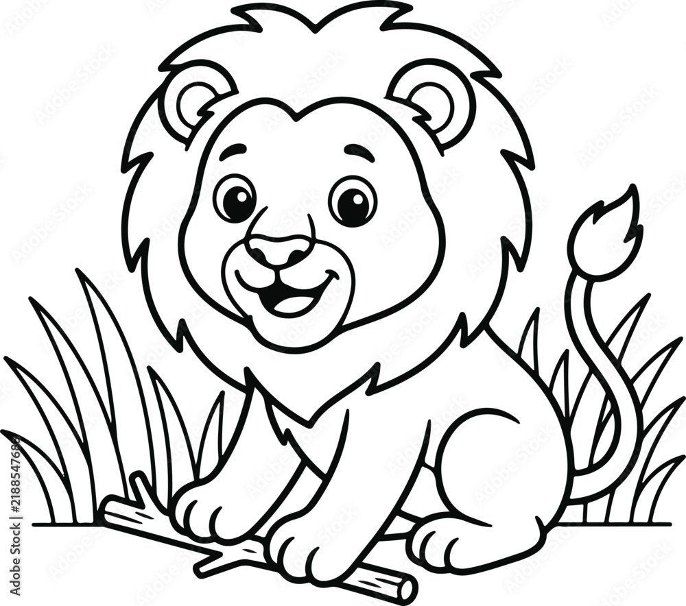 Obraz premium Cute cartoon lion cub sitting and playing with a wooden stick in the grass, black and white outline illustration for coloring book