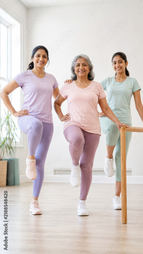 Fototapeta premium Three women exercise together in a bright home, balancing on one leg beside a wooden support. The scene promotes fitness, wellness, and active aging.