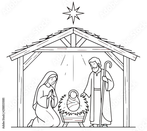 Nativity scene illustration with mary joseph and baby jesus in a wooden stable christmas story holy family religious holiday stable birth