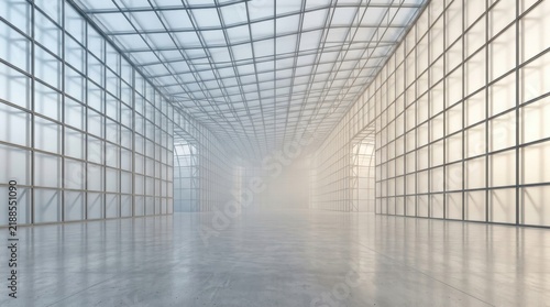 Spacious modern interior with glass walls and ceiling creating a bright minimalist hall with polished concrete floor