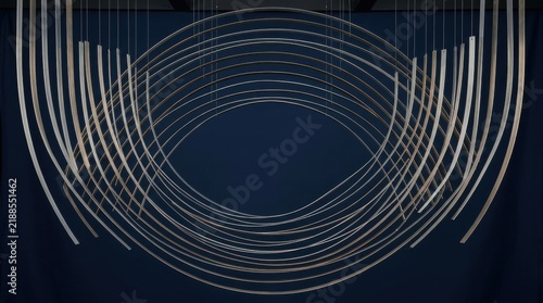 Contemporary abstract art installation featuring multiple curved metal rings suspended against a dark blue background
