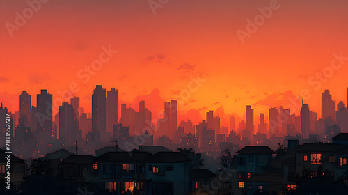 Silhouetted buildings under a warm sunset sky.
