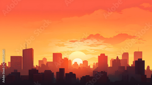 Silhouetted buildings under a warm sunset sky.