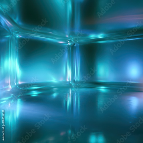 Futuristic studio interior with glowing transparent walls