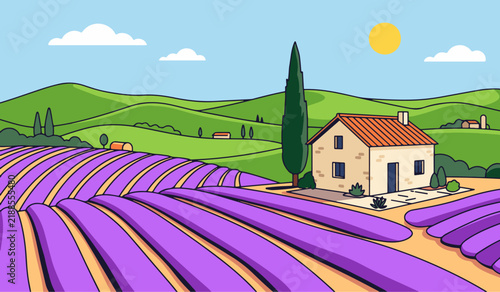 Lavender Field Village Landscape with Mountain Scenery, Rural House, Countryside and Scenic French-Inspired Travel Setting