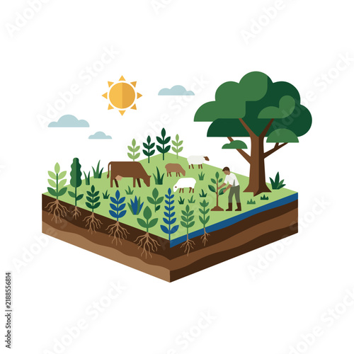 Regenerative Agriculture Illustration with Healthy Soil, Crop Rotation, Biodiversity and Sustainable Farming Practices
