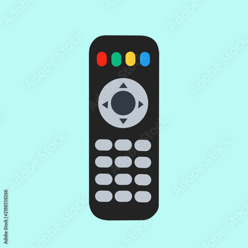 Black electronic remote controller with circular directional control and compact buttons.