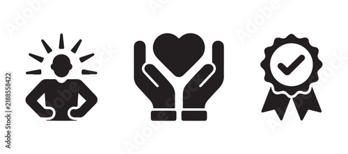 Three black vector icons representing personal development heart support and quality certification.
