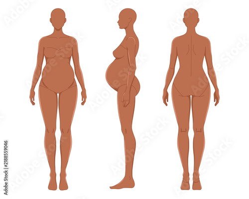 Maternity Fashion Croquis Pregnant Woman Body Figure Template Dark Skin Tone 3 Views Vector Illustration