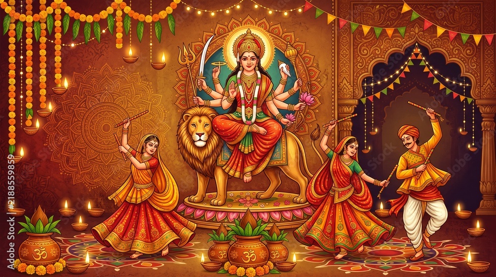 Fototapeta premium Goddess durga idol with people performing garba dance