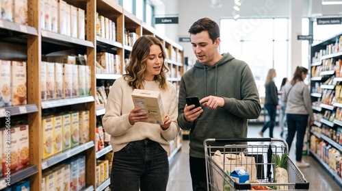 Young Couple Naturally Comparing Product Prices on Smartphone While Shopping in Modern Store, Smart Shopping and Digital Budgeting
