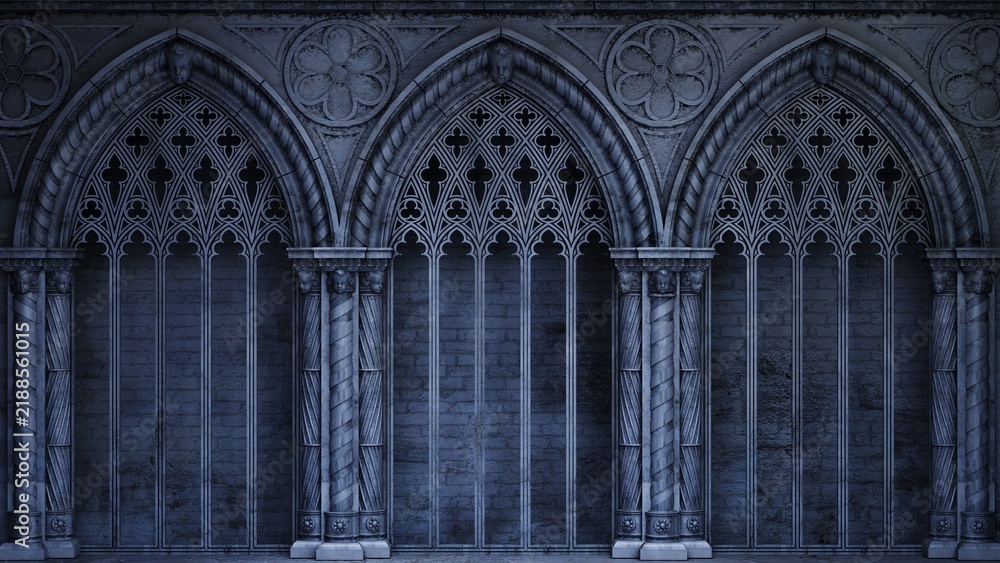 Fototapeta premium Abandoned night castle with a large gothic window or crypt