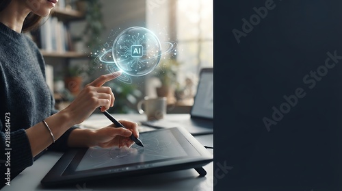 Designer using a stylus on a tablet with a glowing artificial intelligence orb