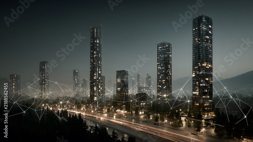 Futuristic smart city background with IoT-style connections and eco design.