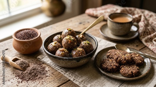 Warm Homestyle Desserts with Coffee and Spices on Rustic Wooden Table.