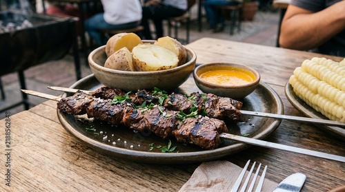 Delicious grilled meats with fresh sides on rustic wooden table.