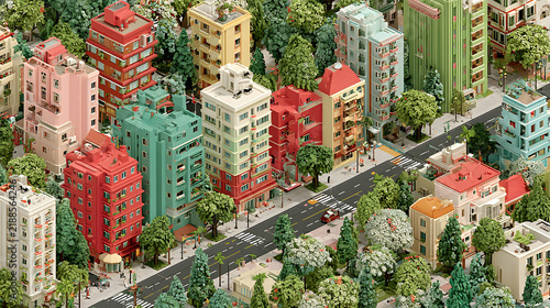 Clean isometric view of a city block in flat vector style.