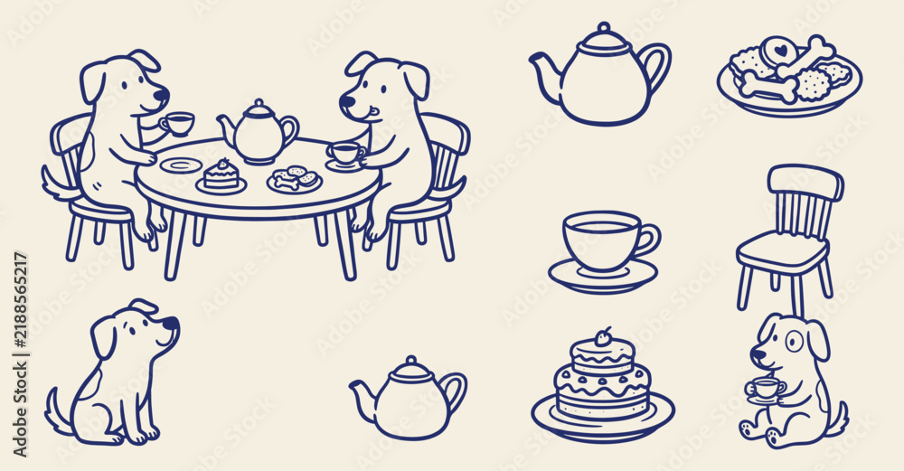 Fototapeta premium Hand drawn blue line vector set of cute dogs having tea party with teapot, cake, and bones doodles