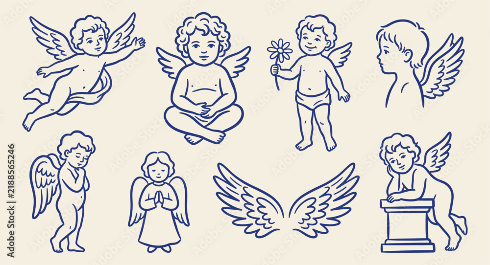 Fototapeta premium Hand drawn blue line vector set of cherubs, cute angels, wings, and cupid figures in various poses doodles