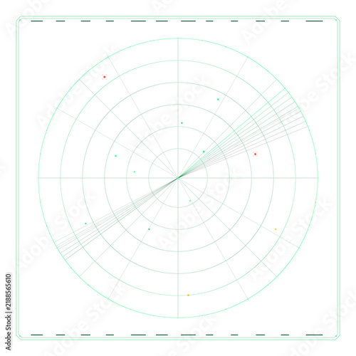 Фотография Abstract radar screen interface with digital scanning lines and target blips on