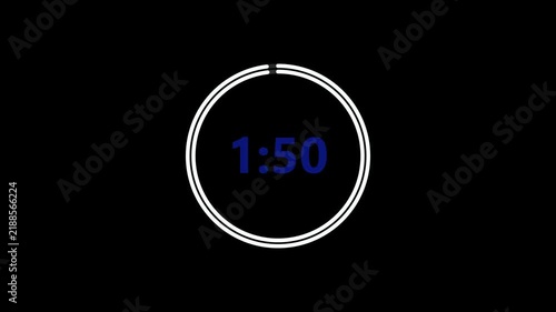2 minute countdown timer with blue digital numbers and circular progress ring, 120 second countdown animation from 02:00 to 00:00 on black background, 4K video