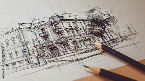 architectural sketch background with pencil-style drawing.