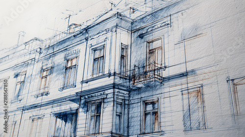 architectural sketch background with pencil-style drawing.