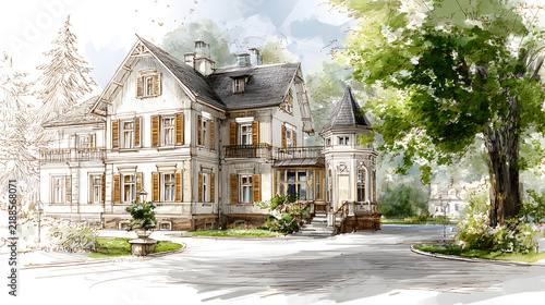 architectural sketch background with pencil-style drawing.