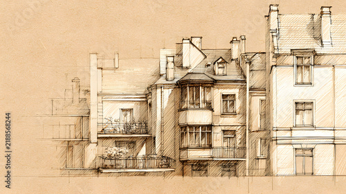 architectural sketch background with pencil-style drawing.