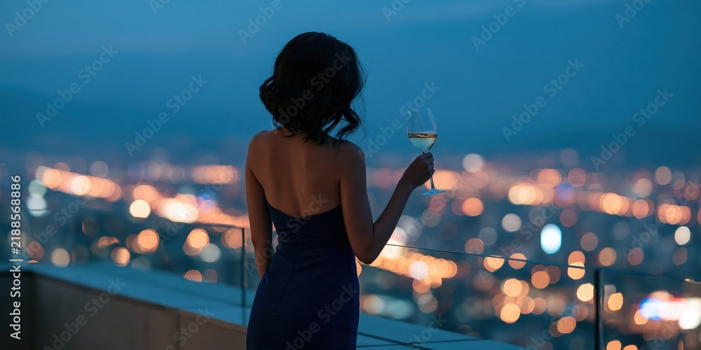 Fototapeta premium Woman in evening dress holding a glass of wine on balcony overlooking city lights at night for romantic background and luxury lifestyle wallpaper