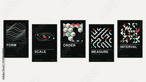 Фотография Five black posters featuring geometric patterns including wavy lines, orbital sh