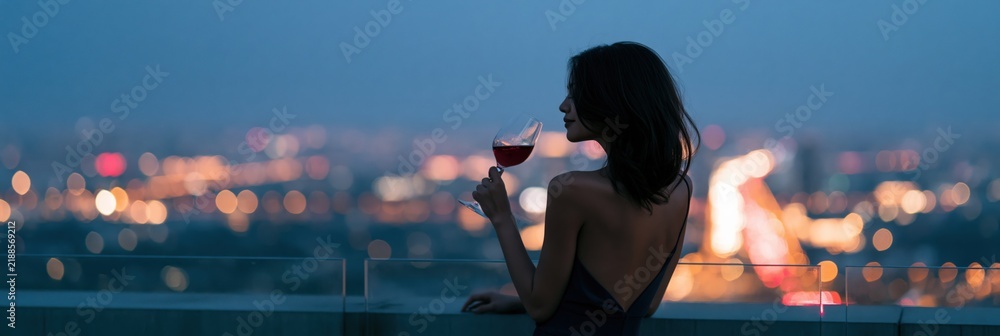 Fototapeta premium Woman with wine glass on a rooftop terrace at dusk background for elegant evening banner and luxury nightlife design with city bokeh lights