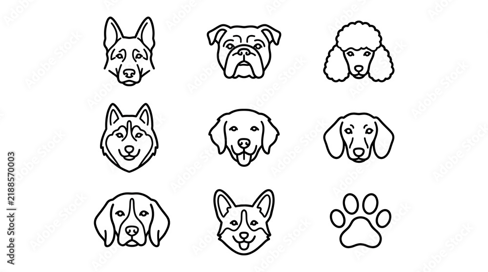 Obraz premium Set of cute dog breeds head icons and paw print line art vector