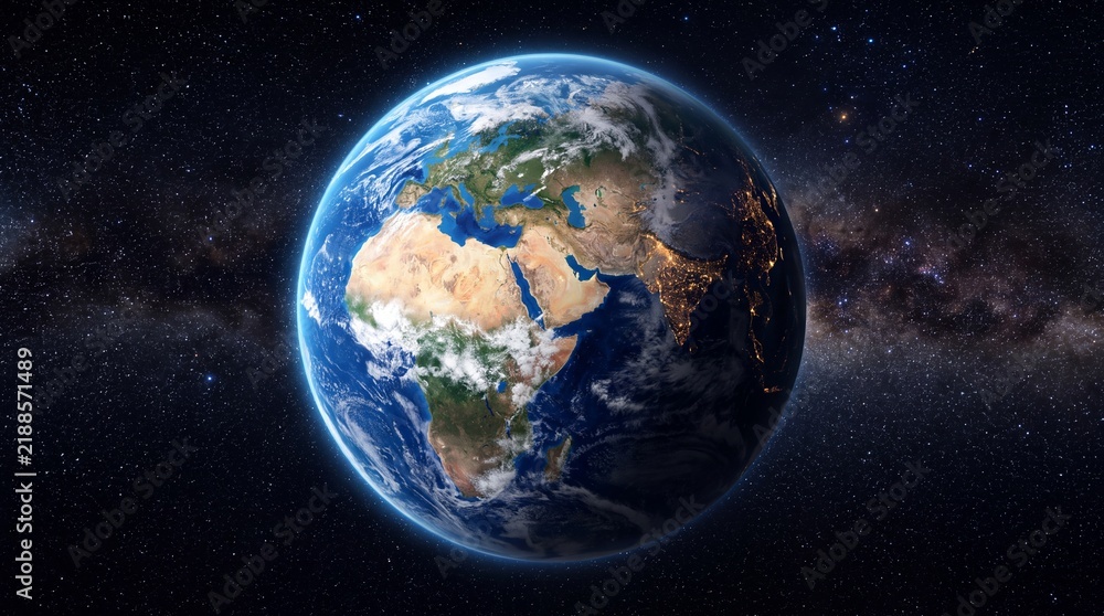 Fototapeta premium Planet Earth in deep space, blue globe with Milky Way background, cinematic world view from orbit, global environment and science concept